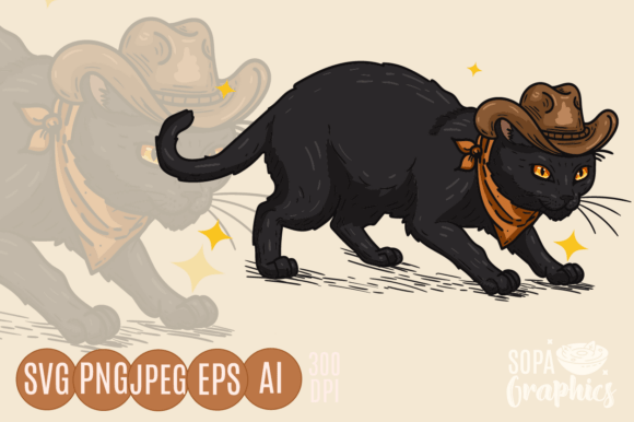 Retro Cowboy Black Cat Illustration Review for Embroidery Projects